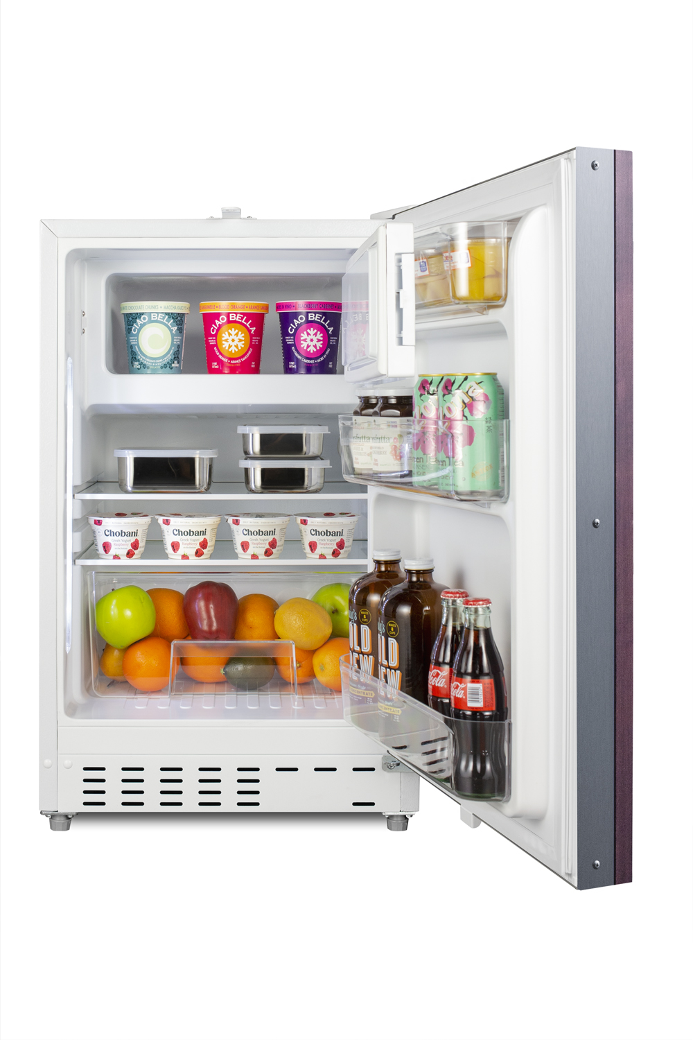 Built-in undercounter ADA compliant refrigerator-freezer in white with a panel-ready door for residential use, manual defrost with glass shelves, and door storage